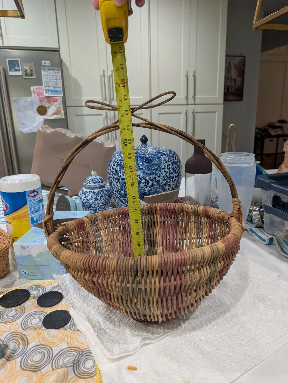 Large Vintage Handwoven Multicolored Natural‎ Woven Rattan Basket with Handle